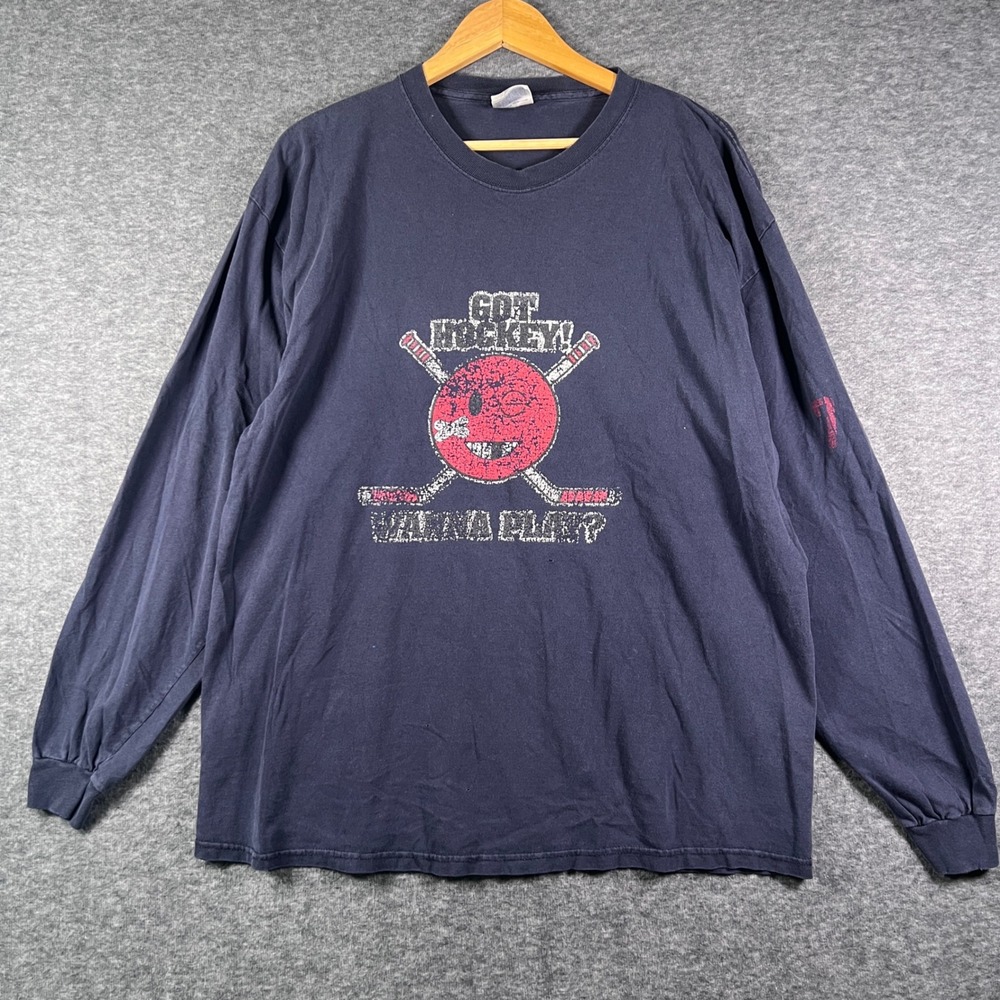 Vintage Long‎ Sleeve Got Hockey Wanna Play Long Sleeve T-Shirt Navy XL